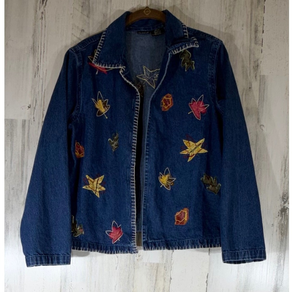 Denim Jacket Medium Embroidered Leaves Granola Fall Rustic Teacher Artsy READ